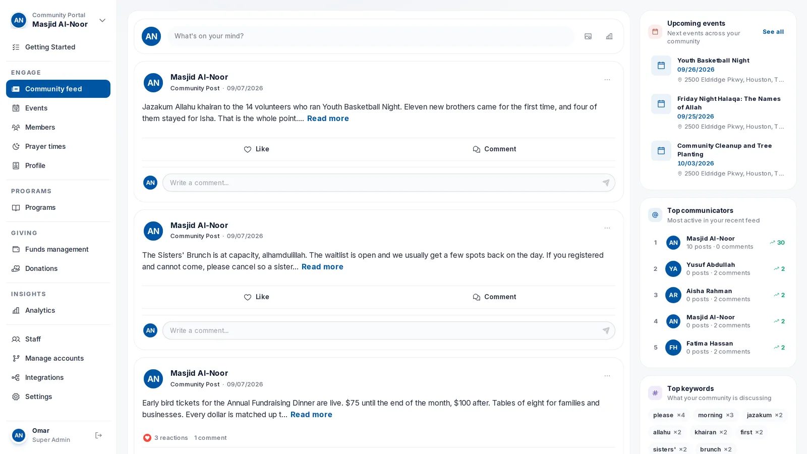 The community feed in the Community Portal: posts, upcoming events, top communicators and top keywords in one scroll.